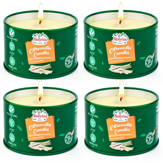 Citronella candles outdoor large, 4x125g citronella candle outside-120hrs burning time lemon candles garden, natural soy wax lemon scented candles set for camping patio picnics summer gift