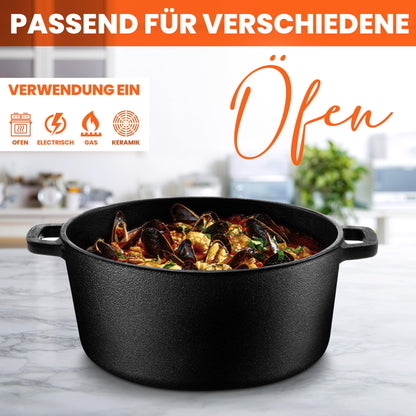 KICHLY 2 in 1 Cast Iron Pot with Dual Purpose Grill Pan Lid - Pre-Seasoned Cast Iron Dutch Oven - Baking Bread, Cooking, Frying, Stewing & Grilling - Indoor and Outdoor use.