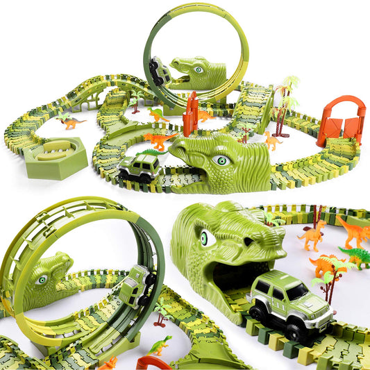 Burgkidz Dinosaur Race Track Play Vehicles Toy Set, 387 Pieces of Flexible Dino Tracks with 360 Loop and Car Turntable Playset, 2 Race Cars, Gift for Kids 3+ years old.