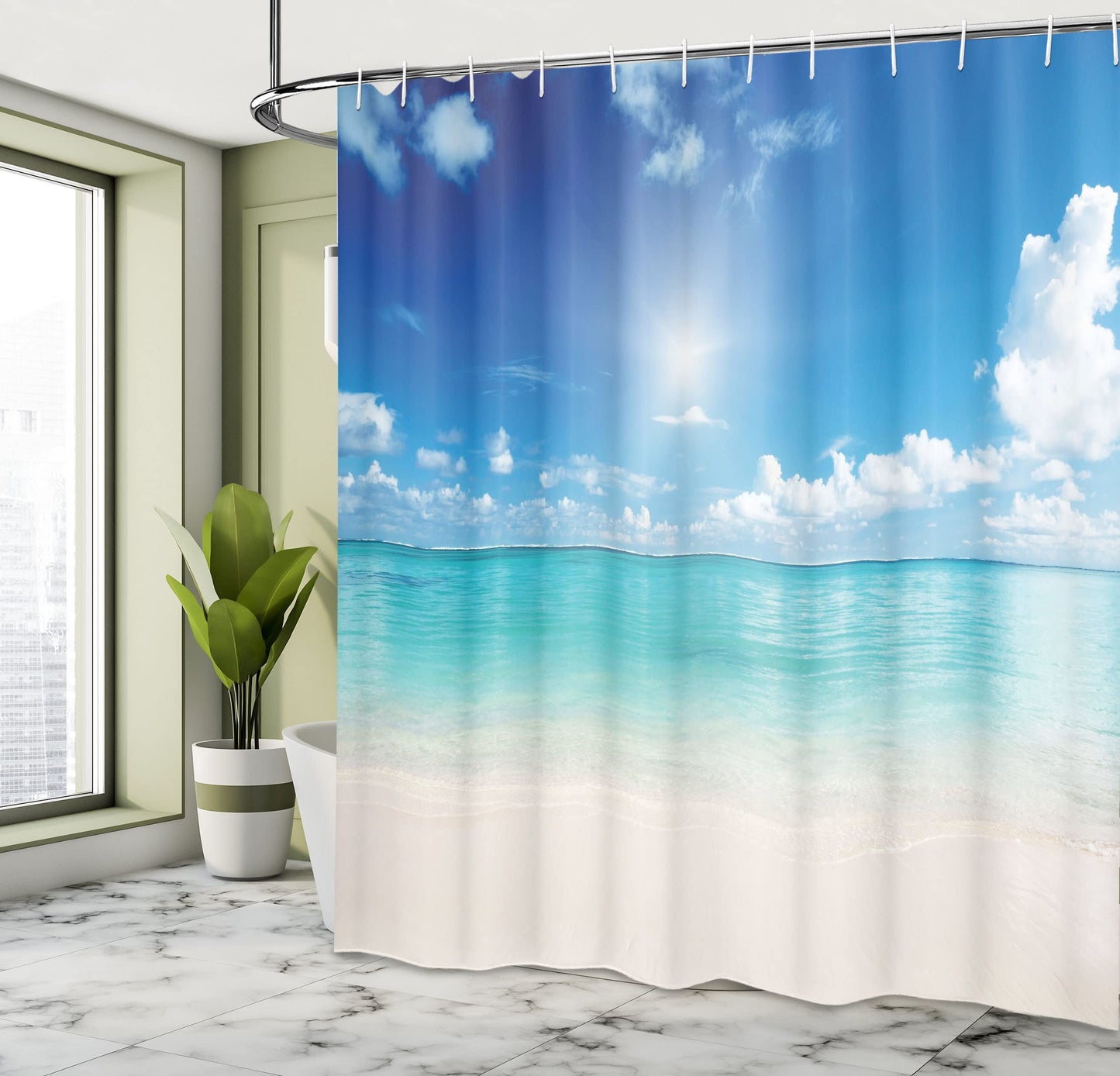 ABAKUHAUS Landscape Shower Curtain, Sky and Tropical Sea, with 12 Rings Set Stylish Modern Colorfast and Mold Resistant, 175x240 cm, Cream Turquoise White