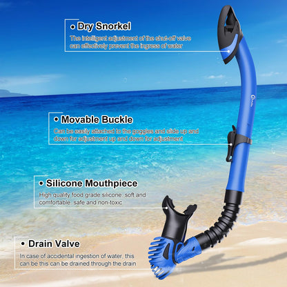 Adult Dorlle snorkel set includes premium dry snorkel and tempered glass diving mask, 180° panoramic view, anti-fog, anti-leak features for snorkeling and swimming. Comes with a carrying bag.