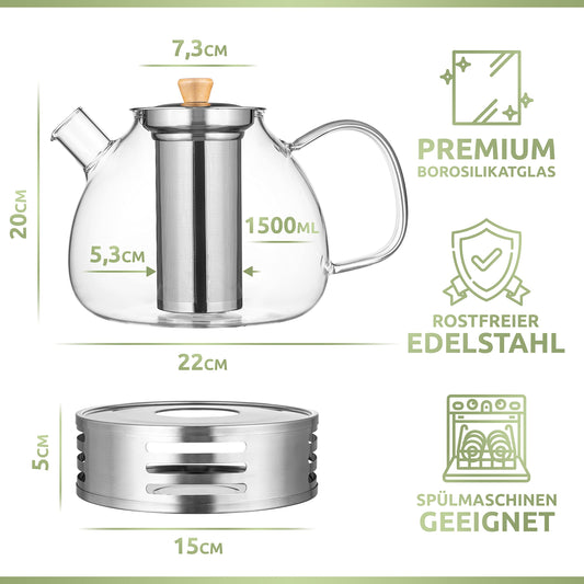 PORADA Glass Tea Kettle with Stainless Steel Heater Infuser Teapot Tea Pot Teapot with Filter Turkish Tea Pot Warmer (1500ml)