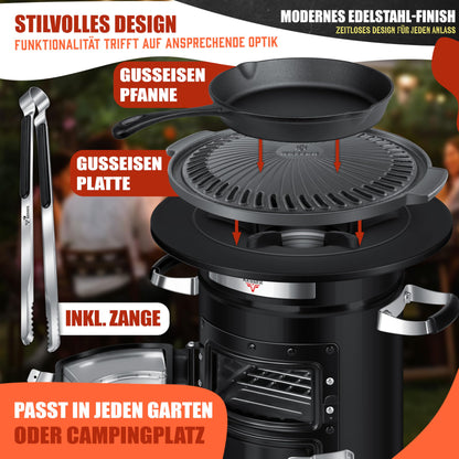 KESSER® Rocket Stove incl. cast iron grill pan, grill plate, tongs & carrying bag | Dutch Oven BBQ Rocket Wood Stove Camping | Outdoor Camping Cooker Camping Grill Stainless Steel Black