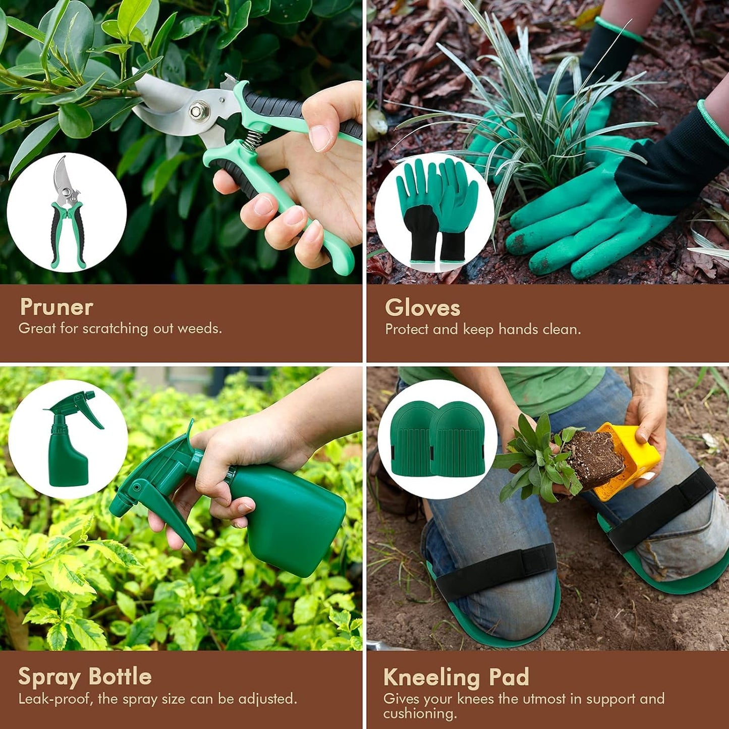 YAUNGEL Garden Tool Set, 10 Piece Heavy Duty Stainless Steel Gardening Kit with Non-Slip Wooden Handle- Garden Gifts Packaging for Women Men, Green