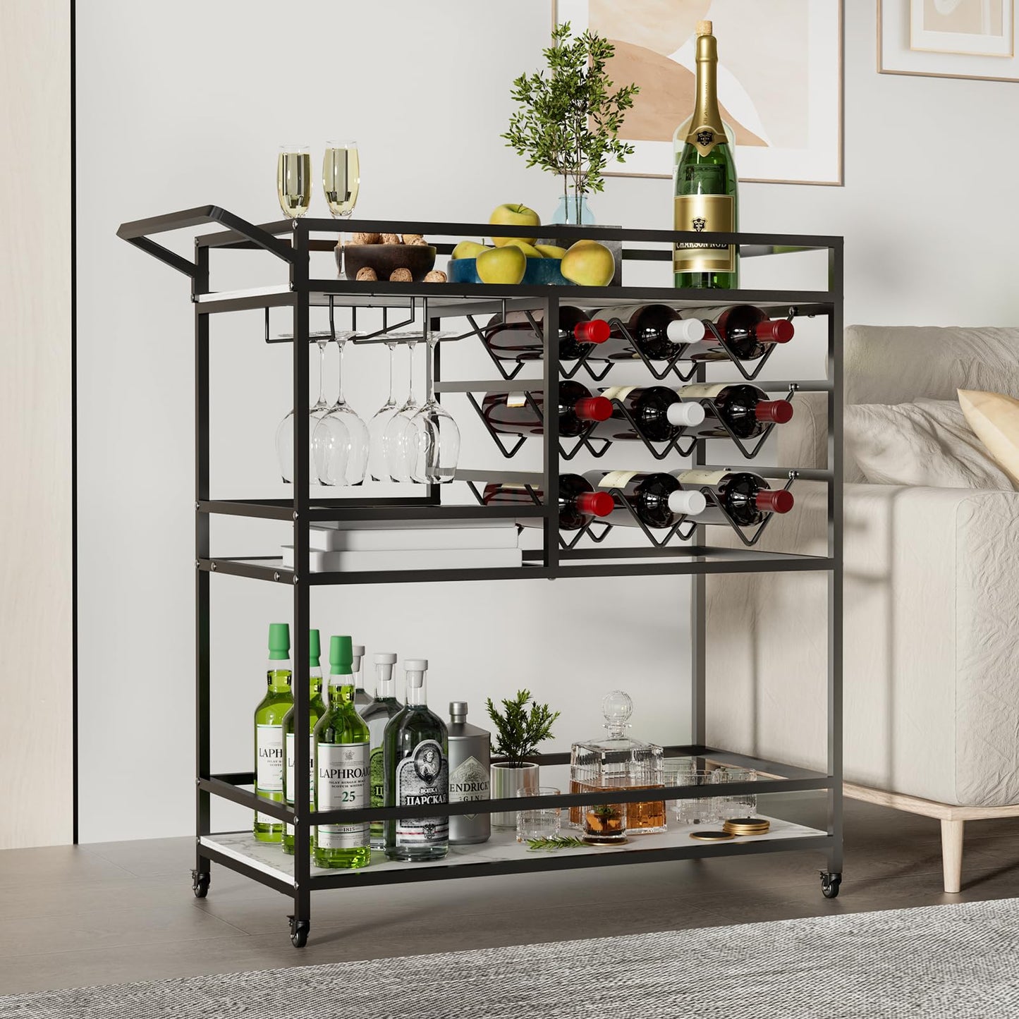 DAWNYIELD 3-tier mobile wine cart, bar serving cart on wheels with wine and glass shelves, modern rolling wine storage cart for kitchen home parties (Black)