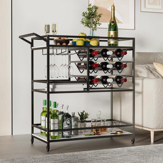 DAWNYIELD 3-tier mobile wine cart, bar serving cart on wheels with wine and glass shelves, modern rolling wine storage cart for kitchen home parties (Black)