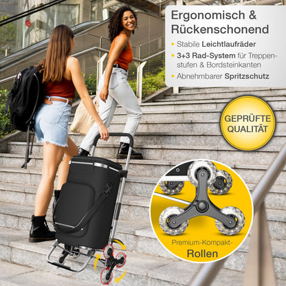 ELONEO Shopping trolley with cooler compartment, foldable shopping cart, adjustable height, reflectors, removable 43 L bag, stair climber trolley in black.