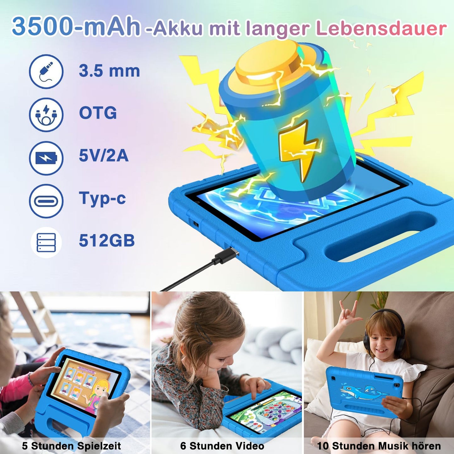 Biegedy Android 14 tablet, 7 inch, 10GB RAM + 64GB ROM/TF 512GB, Octa-core 1.8GHz | Child Educational | Parental Control | 5G Wi-Fi | Dual Camera | BT 5.0, With Blue Holster