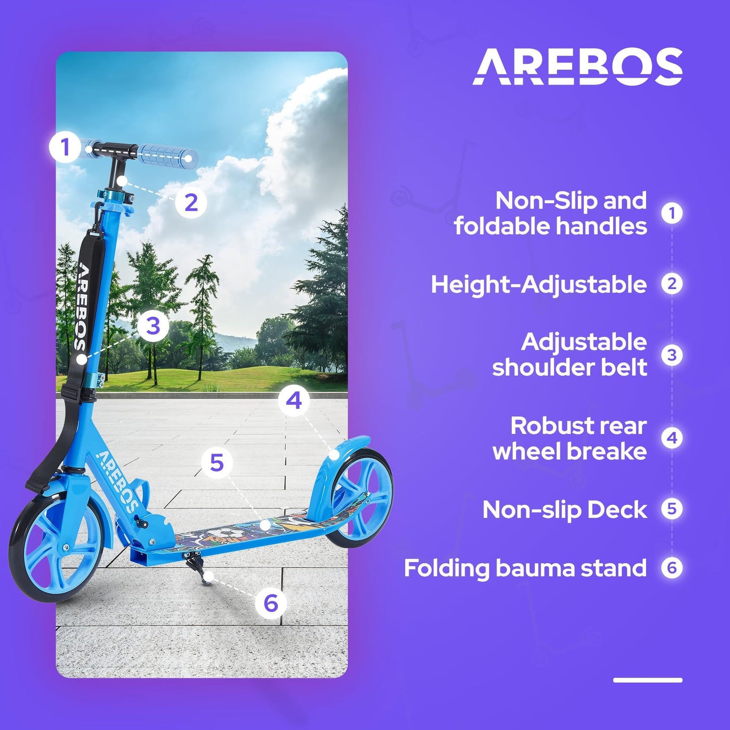 Arebos City Scooter Kick Scooter Blue | Adjustable height | Foldable | Includes carrying strap | XXL wheels | Foot brake | For children and adults | Up to 100kg weight capacity | Kick scooter | Kickscooter