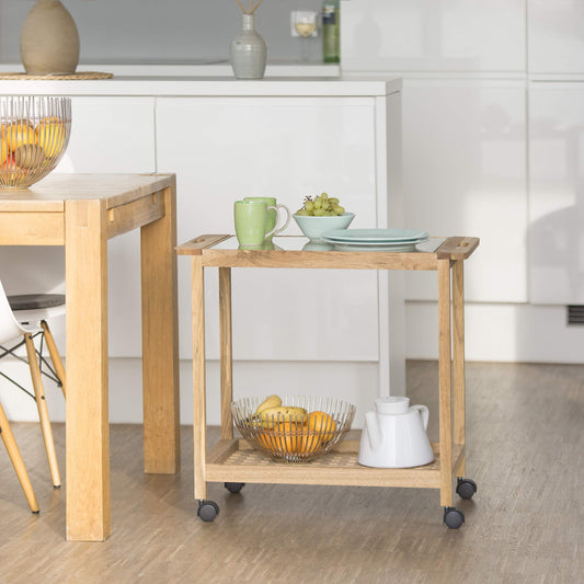 Relaxdays kitchen trolley on wheels, wooden serving cart with glass top, 2 tier rolling cart, HxWxD: 62 x 66 x 38 cm, natural, brown.