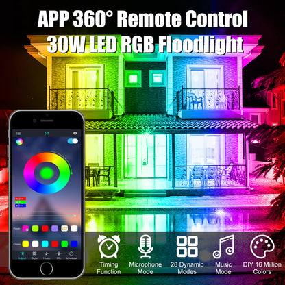 CREATESTAR RGB floodlight 30W, RGB LED floodlight with 16 million colors 28 modes color change dimmable, remote control and APP control RGB floodlight IP66 waterproof outdoor spotlight for garden party tree