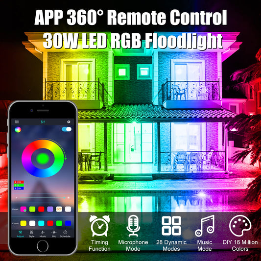 CREATESTAR RGB floodlight 30W, RGB LED floodlight with 16 million colors 28 modes color change dimmable, remote control and APP control RGB floodlight IP66 waterproof outdoor spotlight for garden party tree