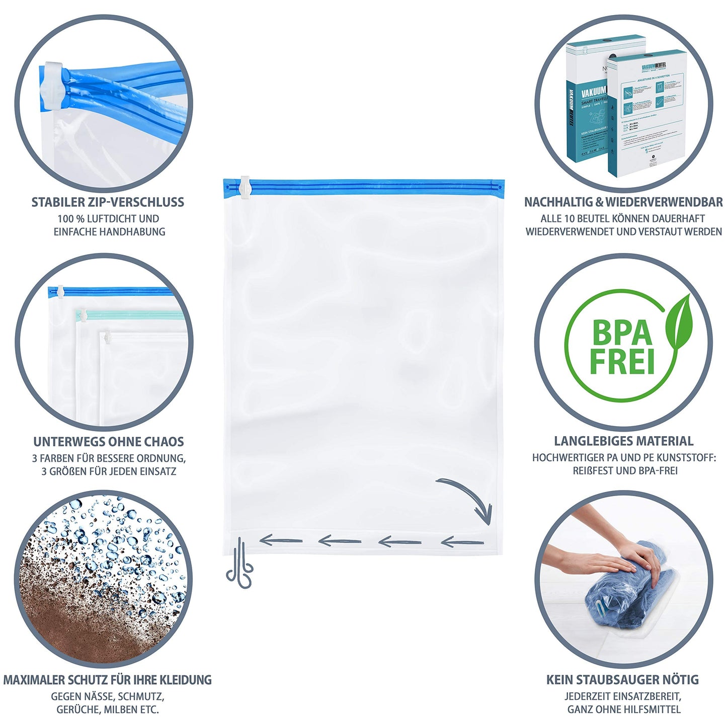 NORDIC Vacuum Bags Travel (set of 10) in 3 sizes I Compression Bags I Travel Vacuum Bags I Vacuum Bags for Clothes I Vacuum Storage Bags I Roll by Hand I No Vacuum Cleaner