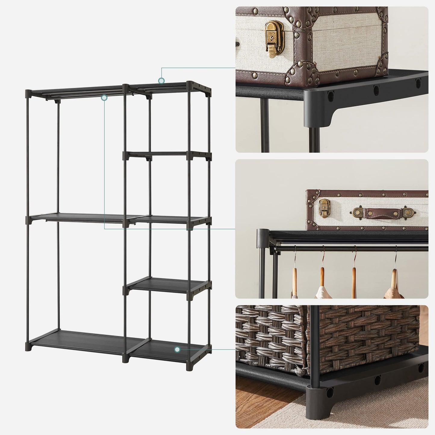 SONGMICS Open Wardrobe, Clothes Rack, Hanging Rail, Wardrobe, 2 Hanging Compartments, ample space, for Bedroom, Living Room, 112 x 43 x 165 cm, black RYG24BK