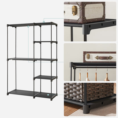 SONGMICS Open Wardrobe, Clothes Rack, Hanging Rail, Wardrobe, 2 Hanging Compartments, ample space, for Bedroom, Living Room, 112 x 43 x 165 cm, black RYG24BK
