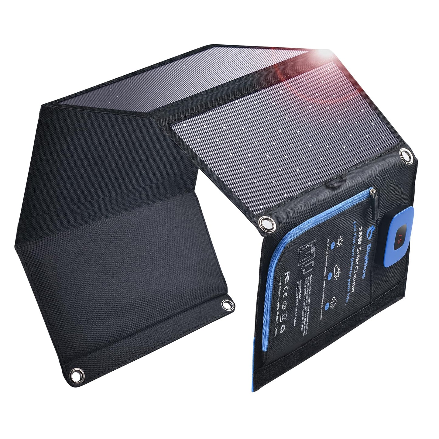 BigBlue 28W Portable Solar Charger with 2 ports (USB-C/USB-A), 5V/4A total output, IP44 solar panel with digital ammeter and zipper protection for devices like iPhone, Android, GoPro, and more.