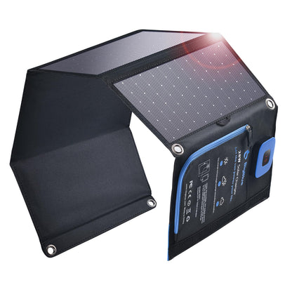 BigBlue 28W Portable Solar Charger with 2 ports (USB-C/USB-A), 5V/4A total output, IP44 solar panel with digital ammeter and zipper protection for devices like iPhone, Android, GoPro, and more.