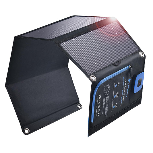 BigBlue 28W Portable Solar Charger with 2 ports (USB-C/USB-A), 5V/4A total output, IP44 solar panel with digital ammeter and zipper protection for devices like iPhone, Android, GoPro, and more.