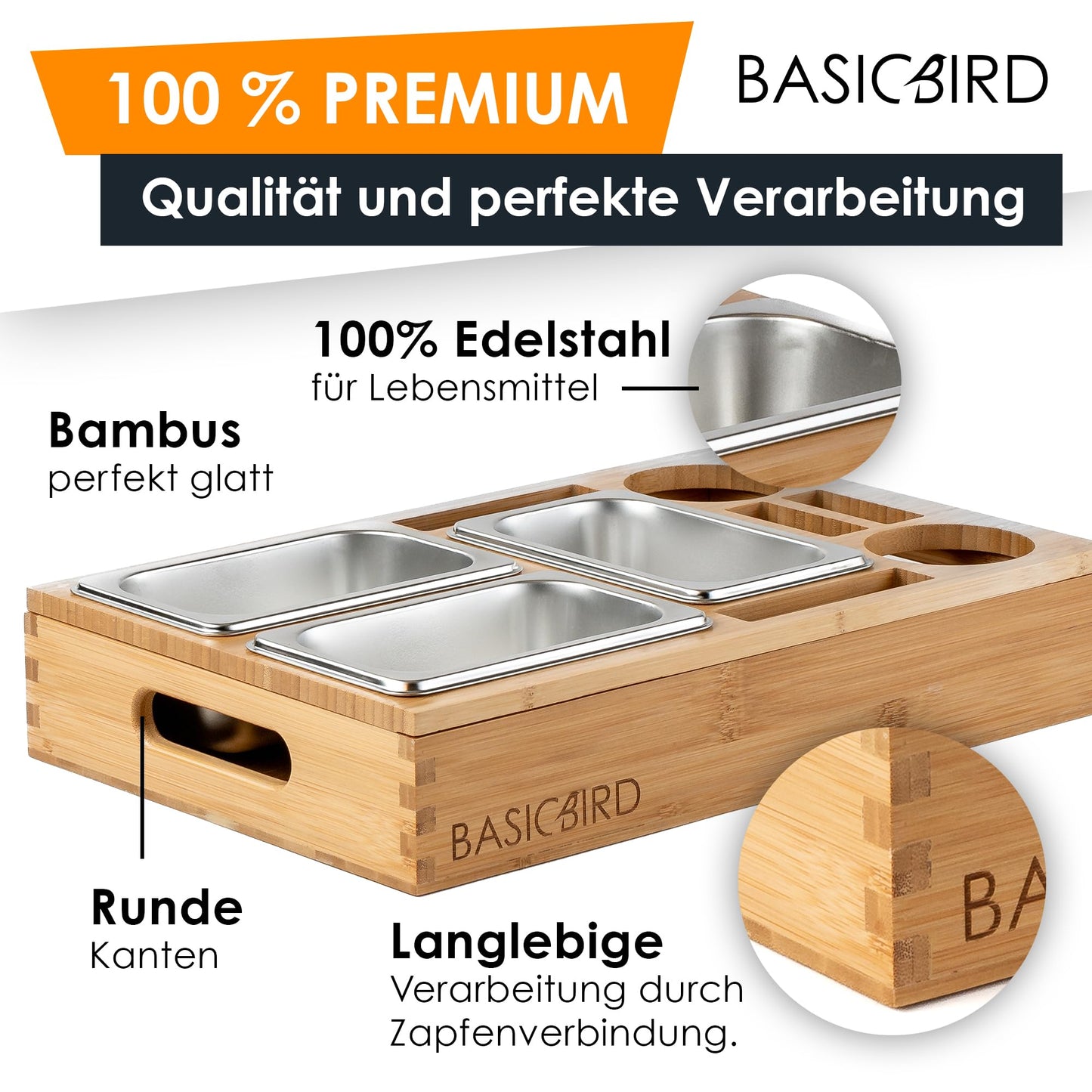 BASICBIRD® Couchbar Snackbox - Organizer Tray - Snack dispenser with 3X snack bowls - Wood sofa tray for sofa, decor, couch bar with drink holder - Snackbox with compartments - RV equipment
