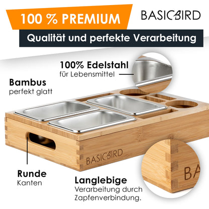 BASICBIRD® Couchbar Snackbox - Organizer Tray - Snack dispenser with 3X snack bowls - Wood sofa tray for sofa, decor, couch bar with drink holder - Snackbox with compartments - RV equipment