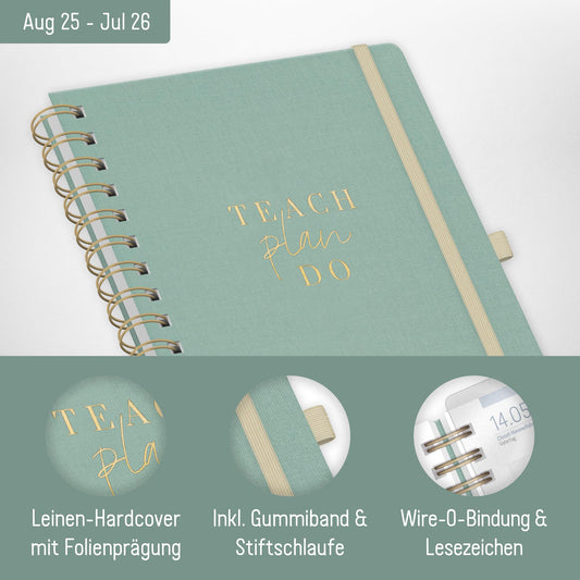 Häfft® Teacher Planner 2025/2026 A5 + Deluxe "Green Canvas" Hardcover Teacher's Planner, academic year planner with spiral binding, school planner - sustainable & eco-friendly.