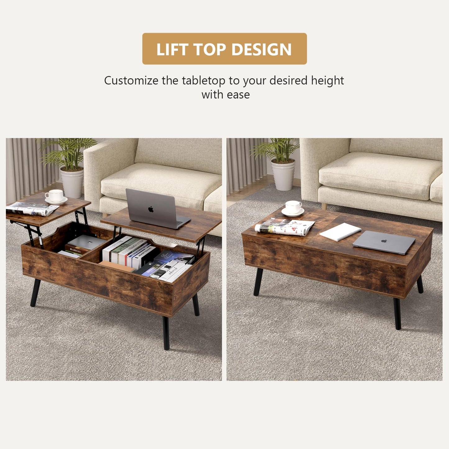 VOWNER Coffee Table, Adjustable Height Coffee Table, Extendable, Retractable Living Room Table, Separate Hidden Storage Compartment, Double Lift Top, Side End Table, Vintage Brown