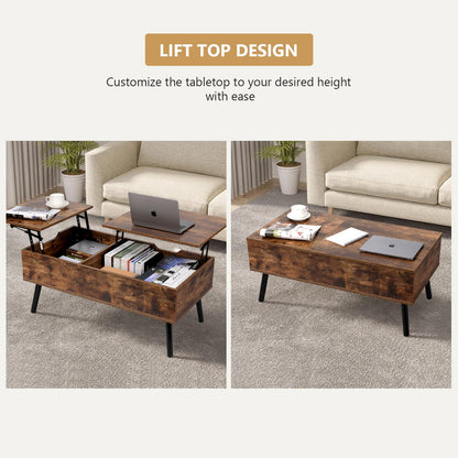 VOWNER Coffee Table, Adjustable Height Coffee Table, Extendable, Retractable Living Room Table, Separate Hidden Storage Compartment, Double Lift Top, Side End Table, Vintage Brown