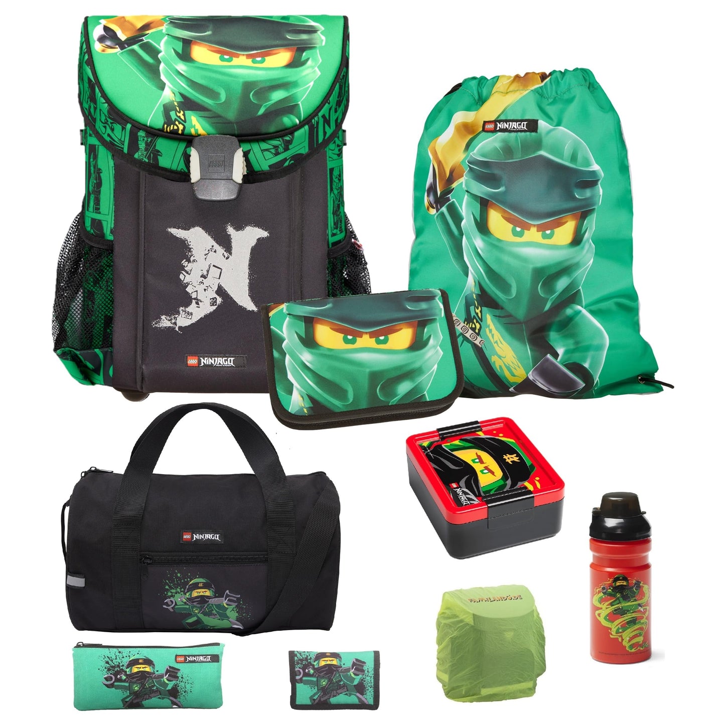 Familando Ninjago school bag set for boys - with sports bag, lunch box, and bottle - ergonomically stable, light at 790g, 16L volume - chest strap, reflectors, rain cover - complete set for 1st grade elementary school.