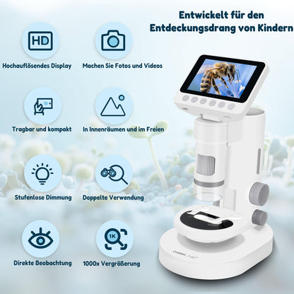 Digital microscope for kids, 100X-1000X magnification, portable microscope for children with photo and video recording, includes 32GB SD card, suitable for kids aged 6 and up.