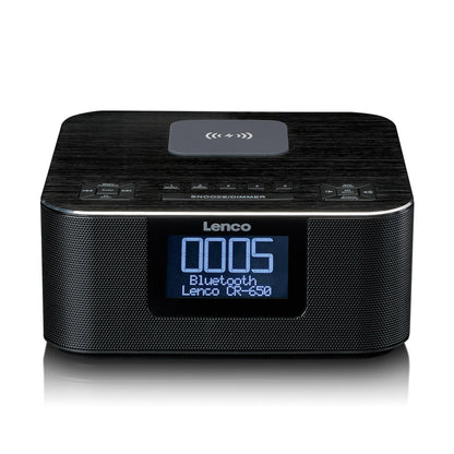 Lenco CR-650 DAB+ clock radio - alarm clock with DAB+ and FM - 20 station presets - snooze function - 2 x 2 watts RMS - LCD display - USB and QI charger - black