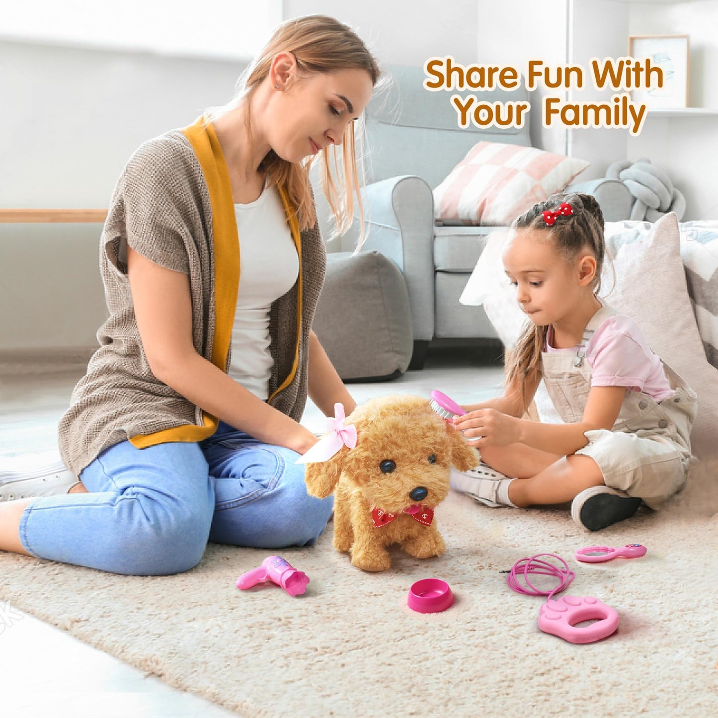 TOMMYHOME interactive toy dog for kids with remote control leash, pull cord, and accessories that can walk and bark. Plush dog toy for children.