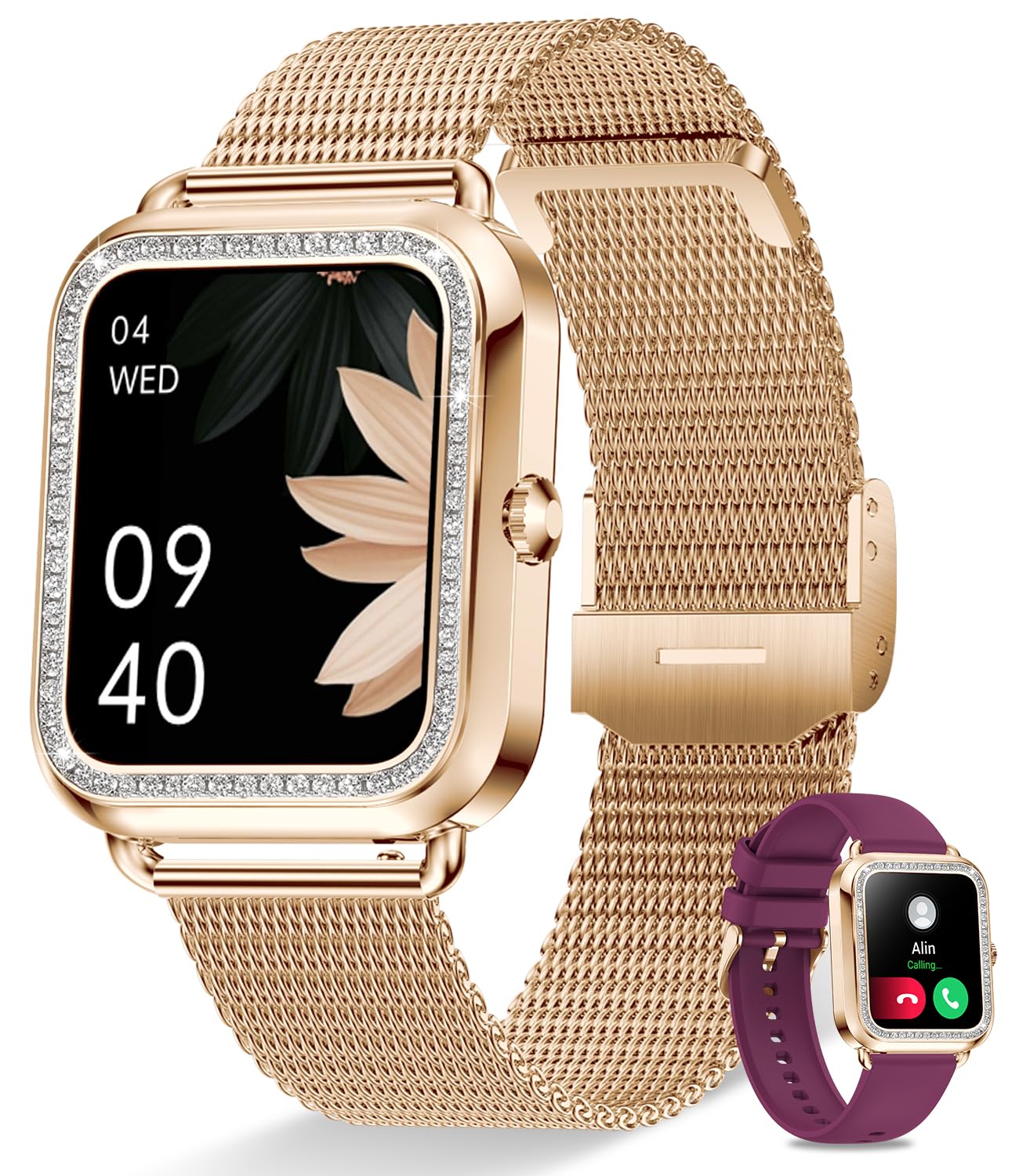 Erkwei smartwatch for women with phone function and voice assistant, 1.59'' HD display fitness tracker heart rate monitor sleep monitor message reminder small watch for iOS Android.