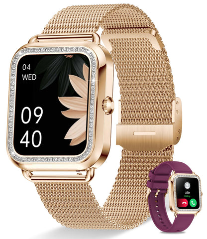 Erkwei smartwatch for women with phone function and voice assistant, 1.59'' HD display fitness tracker heart rate monitor sleep monitor message reminder small watch for iOS Android.