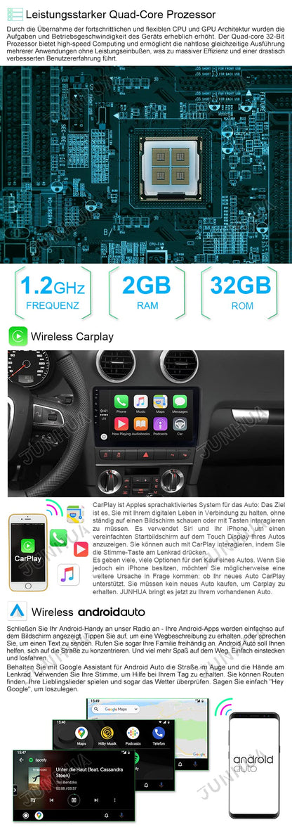 JUNHUA 9" Android 14 2GB+64GB Car Stereo for Audi A3 S3 RS3 8P7 8VS 8PA, Supports Wireless Carplay Android Auto GPS Navigation Radio Bluetooth WiFi FM RDS Bose System