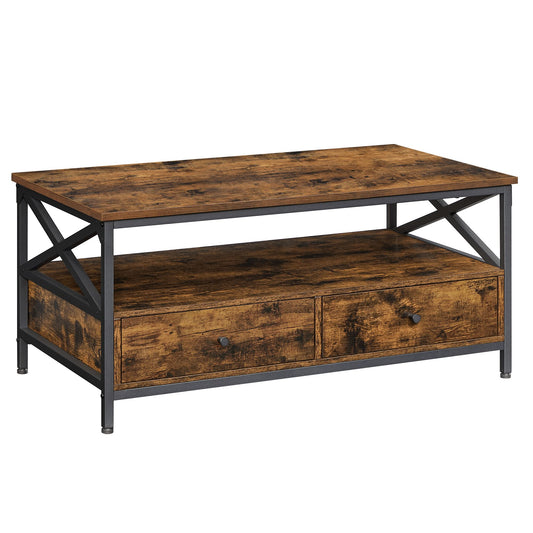 VASAGLE Coffee Table, Living Room Table, Sofa Table, for Living Room, with Drawers, X-Shaped Supports, Open Shelf, Industrial Design, Vintage Brown-Black LCT201B01