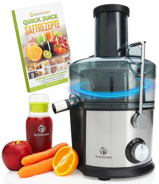 Nutrilovers *award winner* QUICK-JUICER Juicer Stainless Steel for Fruits and Vegetables I XXL chute for juicing whole fruits, 800W, 2 speeds, BPA-free incl. drinking bottle + recipe book & app