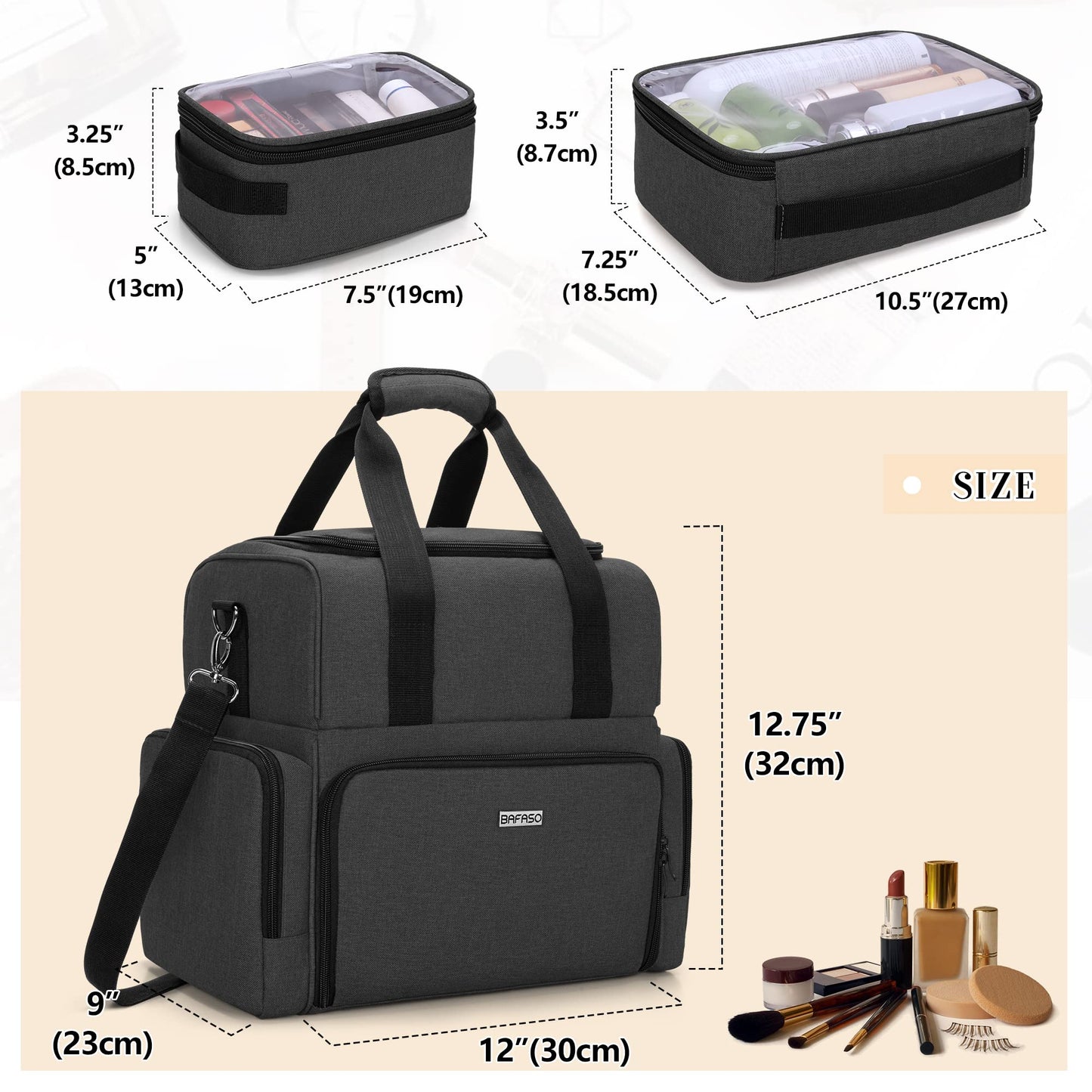 BAFASO Cosmetic Organizer Bag, Makeup Bag for Women, Toiletry Bag with Large Capacity, Travel Cosmetic Bag, Black.