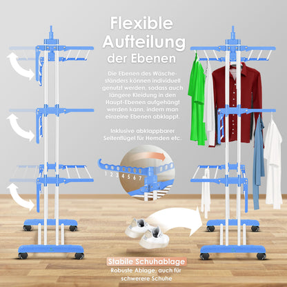 KESSER® Laundry Rack Tower with Wheels Space-saving clothes dryer for indoor & outdoor use 4 levels 2 swiveling side wings and 6 folding levels Standing dryer laundry tower Foldable, incl. Clamps