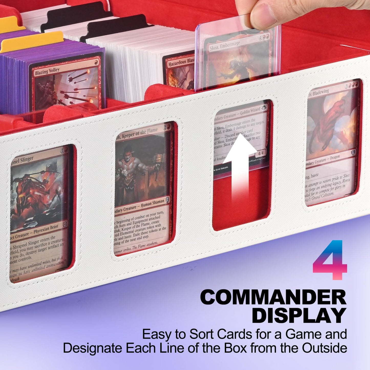 UAONO Trading Card Storage Box with Commander Display; 2400+ Deck Box for MTG with removable lid; Toploader card box for Magic TCG, PTCG, sports cards; 24 dividers, 4 stop blockers - White/Red