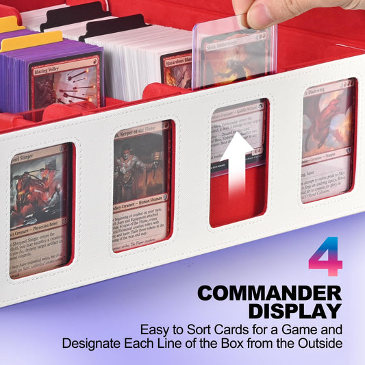 UAONO Trading Card Storage Box with Commander Display; 2400+ Deck Box for MTG with removable lid; Toploader card box for Magic TCG, PTCG, sports cards; 24 dividers, 4 stop blockers - White/Red