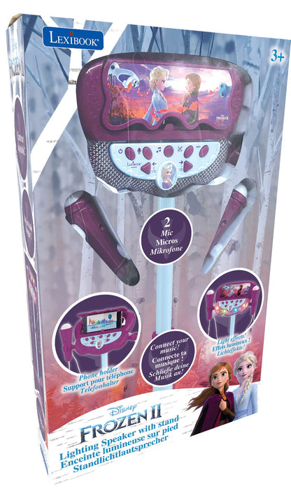 Lexibook, The Ice Queen, Illuminating Speaker on Stand for Kids, musical game, adjustable height, light effects, 2 microphones included, MP3 plug, Aux-in cable plug, purple, S160FZ.