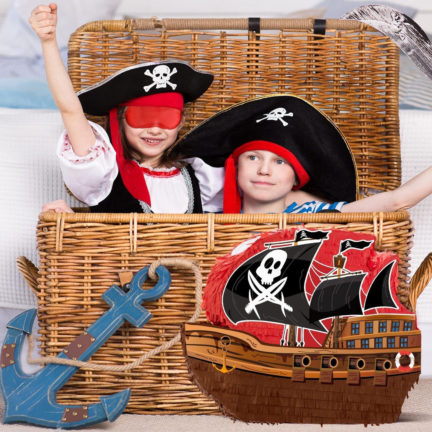 WERNNSAI Pirate Piñata - Pirate ship piñata with blindfold and bat for boys and kids Caribbean pirate party gifts for birthdays decorations family games pirate party supplies