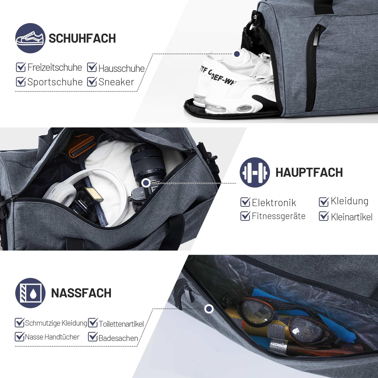 BECOJADDE Sports Bags for Women and Men, 25L Travel Duffel Bag Overnight Bag with Shoe Compartment & Wet Pocket, Waterproof Carry-On Bag for Sports, Gym, Swimming, Gray