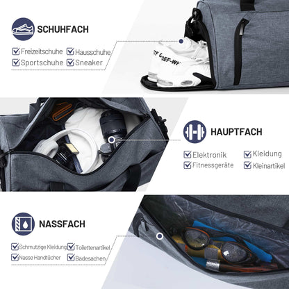 BECOJADDE Sports Bags for Women and Men, 25L Travel Duffel Bag Overnight Bag with Shoe Compartment & Wet Pocket, Waterproof Carry-On Bag for Sports, Gym, Swimming, Gray