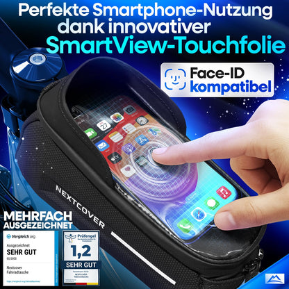 Nextcover® frame bag for bike with phone pocket I bicycle frame bag with touchscreen I bike frame bag waterproof, top tube bag bikepacking - Ideal for e-bike, MTB, gravel bike, road bike