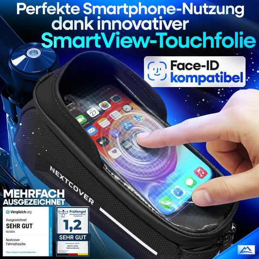 Nextcover® frame bag for bike with phone pocket I bicycle frame bag with touchscreen I bike frame bag waterproof, top tube bag bikepacking - Ideal for e-bike, MTB, gravel bike, road bike