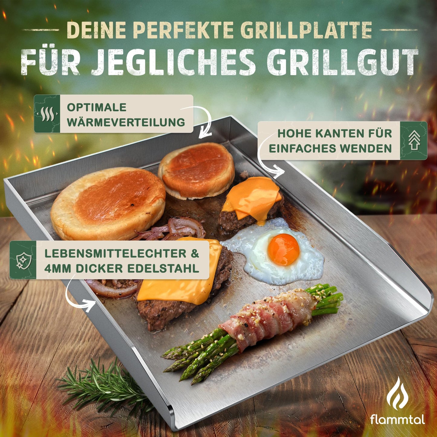 flame valley - Plancha Grill Plate [30x40 cm] - Stainless steel grill plate with spatula set & 20 burger paper - Solid 4mm stainless steel grill plate for gas grill.