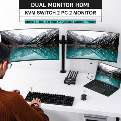 YOUTINGHDAV USB 3.0 HDMI KVM Switch 2 PC 2 Monitors, EDID Emulator, 4K@60Hz, HDMI 2.0, Dual Monitor KVM Switch 2 Monitors Share Wireless Keyboard, Mouse, Wired Remote, and 4 Cables
