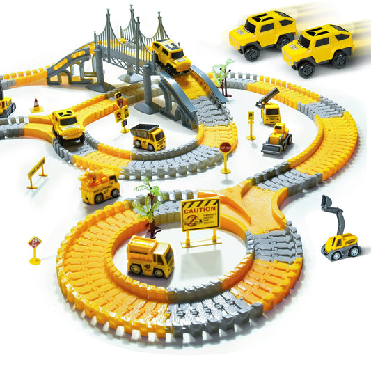 TOMMYHOME tracks toy with electric car, flexible train tracks for kids, highway play set for boys girls gift, 2 race cars and 6 construction vehicles.