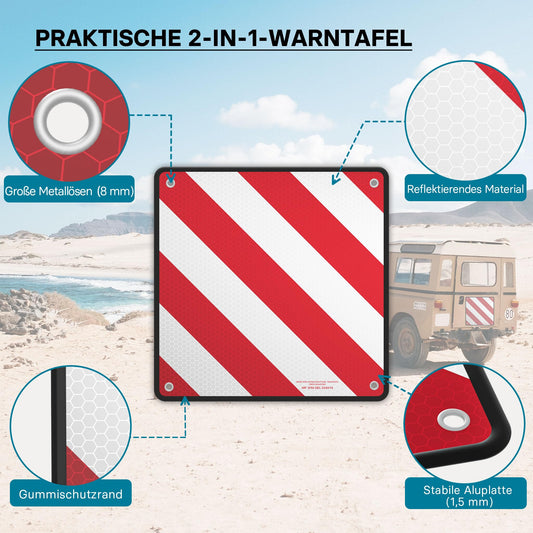Wiltec 2in1 red and white warning sign for Spain and Italy made of aluminum with mounting holes 500x500 mm reflective warning sign for bicycle carriers and rear carriers to mark protruding cargo.